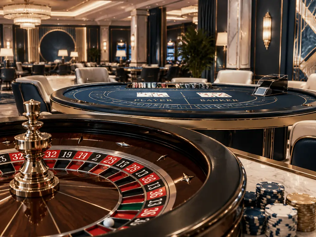 Interior kasino bernuansa biru dengan meja kartu dan roda roulette