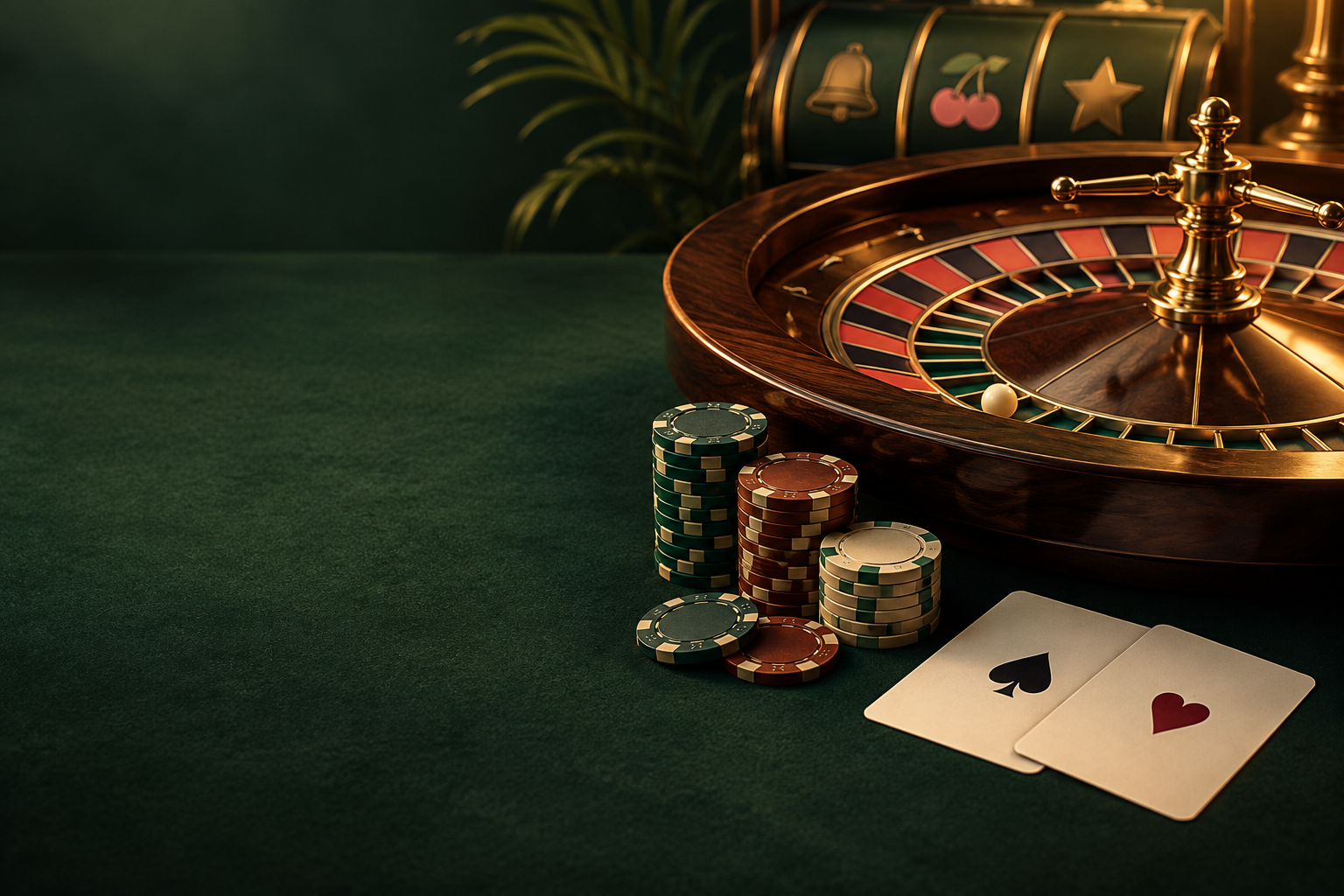 Ilustrasi meja roulette, kartu, dan chip dengan cahaya tembaga