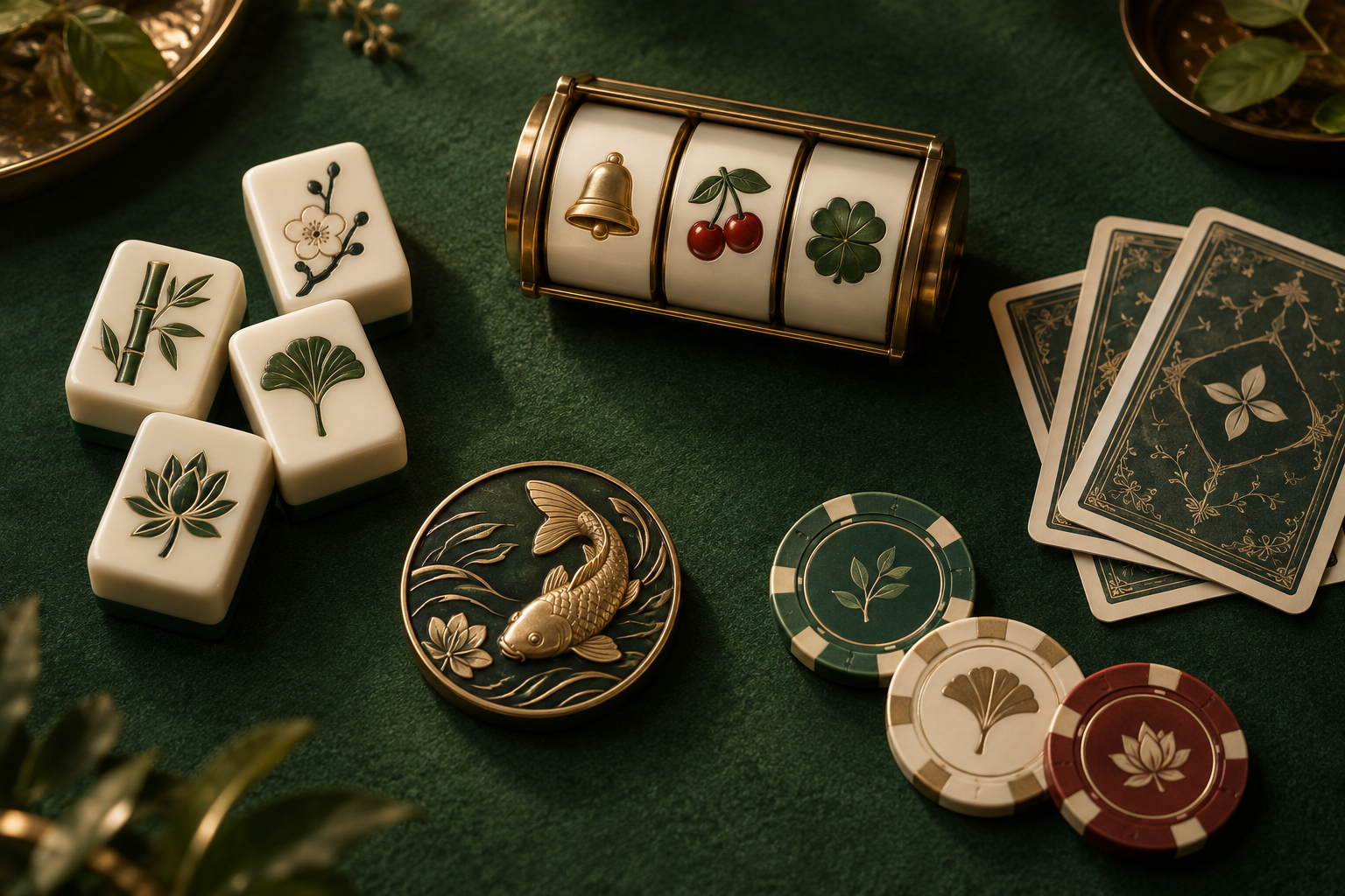 Ilustrasi gulungan slot, ubin permainan, kartu, dan chip