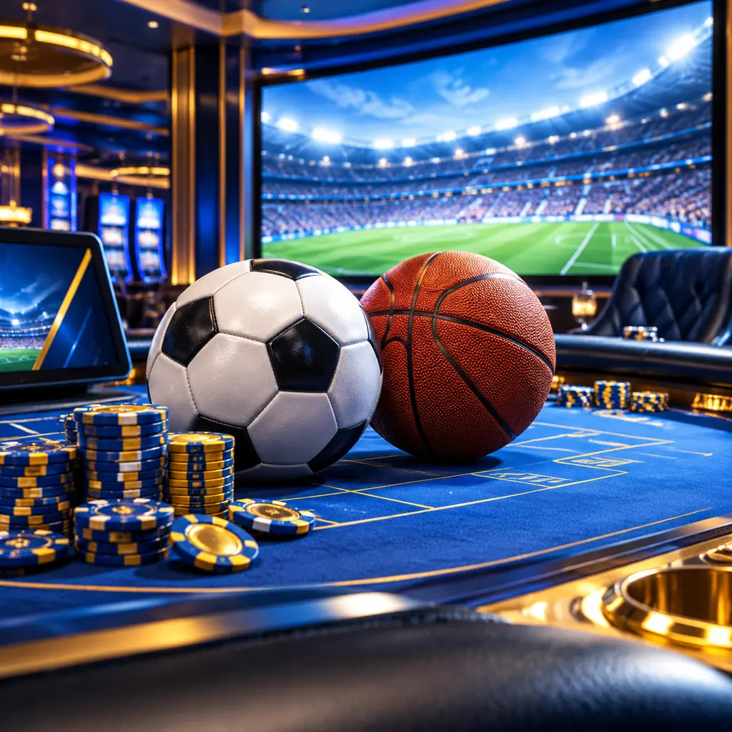 Ilustrasi sepak bola dan bola basket dengan unsur kasino