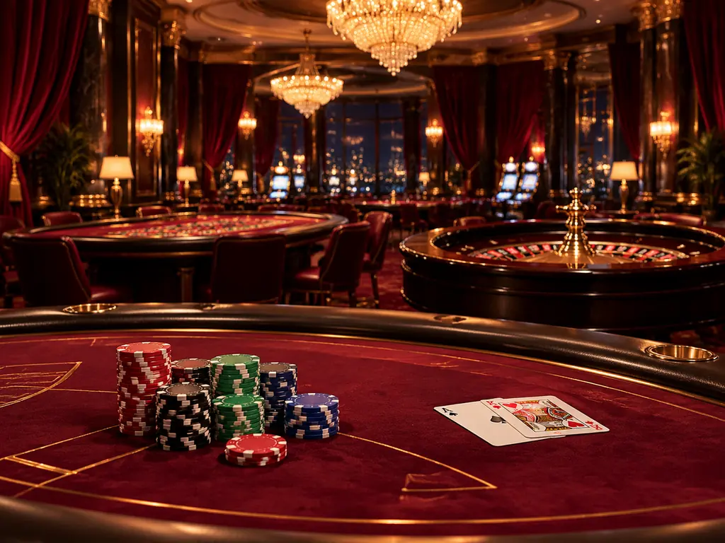 Meja blackjack dan roda roulette dalam aula kasino